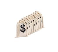 SCCFMM Paquete de 20 bolsas pequeñas de lino para dinero de 6.3 x 9 pulgadas, bolsa de dinero de Halloween con signo de dólar, sacos de dinero con cordón para disfraz de ladrón de bancos, fiesta