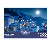 Scene with Blue Water 1000 Pcs Premium-Karton Puzzle Night of Bay Village Lebendige Bilder Familienspiel Puzzles Für Erwachsene Und Kinder 38x26cm/1000pcs