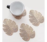 SCF2017 Juego de 4 posavasos de PVC con forma de hoja para bebidas, tamaño pequeño, color dorado