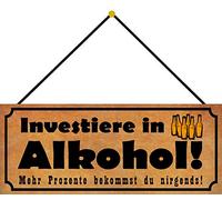 Schatzmix Blechschild Alkohol Trinken Prozente Metallschild 27x10 cm Wanddeko mit Kordel Cartel de hojalata, Chapa metálica, Multicolor