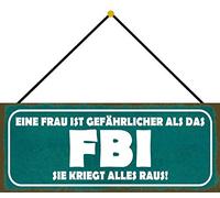 Schatzmix Blechschild Frau FBI Gefahr Metallschild 27x10 cm Wanddeko Cartel de hojalata mit Kordel, Metal, Multicolor