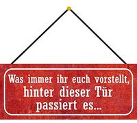 Schatzmix Blechschild Hinter Dieser Tür passiert Metallschild 27x10cm Wanddeko mit Kordel Cartel de hojalata, Chapa metálica, Multicolor, 27x10 cm