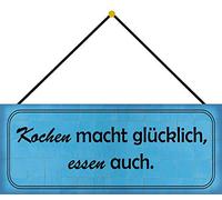 Schatzmix Blechschild Kochen Essen glücklich Metallschild 27x10 cm Wanddeko mit Kordel Cartel de hojalata, Chapa de Metal, Multicolor