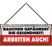 Schatzmix Blechschild Rauchen Arbeit Gesundheit Metallschild 27x10 cm Wanddeko mit Kordel Cartel de hojalata, Chapa de Metal, Multicolor