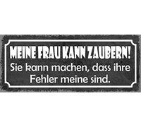 Schatzmix Blechschild Spruch Meine Frau kann zaubern, Sie macht Metallschild 27x10 Deko Señal metálica, hojalata, Multicolor, 27x10 cm