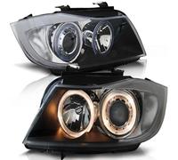 Faros Angel Eyes LED Para BMW Serie 3 E90 E91 05-08 Negro Izq Der Del