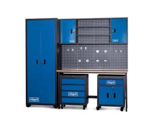 Scheppach GWS08 - Sistema modular para taller, armario de herramientas, armario con cerradura, armario alto, pared perforada, 12 ganchos, banco de trabajo, 2 carros de taller