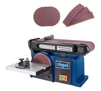 Scheppach Lijadora de disco de correa BTS900 con accesorios | lijadora con 370 W | 230 V | 2850 min-1 | almohadilla de lijado de 150 mm de diámetro | incluye 3 lijas y 3 bandas de lijado | dispositivo de lijado de banda