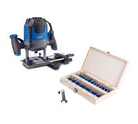 Scheppach WRT1200 con 20 piezas de fresado | 11.000-30.000 rpm | 1200W | Profundidad de fresado 55 mm | 2 pinzas de sujeción 6/8 mm | Extracción de polvo | Tope de profundidad