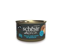 Schesir After Dark - Filetes de Pollo con Huevos de codorniz en Caldo, alimento húmedo Completo para Gatos, en Lata, sin Granos, Alto Contenido en proteínas, Fuente de hidratación, 12 x 80 g