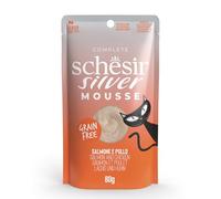 Schesir Silver, Salmón y pollo En Mousse, Alimento Húmedo Completo para Gatos Mayores, Sin Cereales, Apoya El Sistema Inmunitario, Rico En Hidratación, 12 X 80g