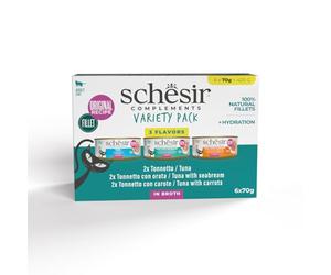 Schesir, Variety Pack, Alimento Húmedo Completo para Gatos, en Caldo, con Vitaminas Añadidas, 100% Filetes Naturales, 6 latas de 70 g