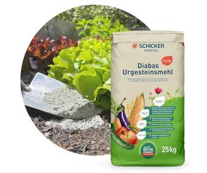Schicker Mineral Polvo fino de roca primitiva de diabásica - 25 kg - Polvo de roca natural como acondicionador del suelo - Acelerador del compostaje - Certificado para la agricultura ecológica