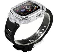 Schik Diamond Metal Watch Case+Rave Watch Strap Mod Kit, para la serie 8 7 6 5 4 SE, accesorios de bisel de bisel de acero del marco de la banda de goma fluoruro, para iWatch 44 mm 45 mm