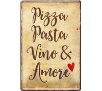 schilderkreis24 - Cartel de chapa con texto divertido "Pizza Pasta Vino & Amore", decoración humor, placa para puerta, comida, placa de metal, para regalo de cumpleaños o Navidad, 20 x 30 cm