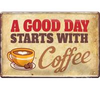 schilderkreis24 Cartel de chapa con texto en inglés «A Good Day Starts with Coffeeeee», cartel decorativo para cafetería, restaurante, bar, cafetería, regalo, retro, cocina, Navidad, 20 x 30 cm