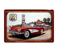 schilderkreis24 Cartel de chapa "Route US 66 Diner", color rojo, decoración para coche, retro, metal, vintage, garaje, taller, sala de ocio, regalo para cumpleaños o Navidad, 20 x 30 cm