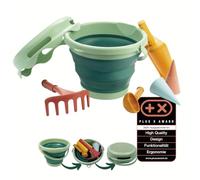 Schildkröt Set 7 en 1, Calidad Orgánica, Innovador, Compacto y Ahorra Espacio, Cubo Plegable de 3 litros con 6 Juguetes de Arena, 970246, Monocromo, Color Verde