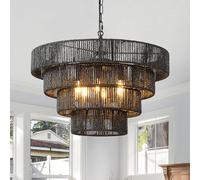 Schindora Lampara Techo Ratan Boho,50Cm Lampara Techo Vintage 6 LáMparas Tejido A Mano 4 Circular Large Lampara De Techo Colgante Para Cocina mesa Decoracion Salon Comedor Dormitorio,Negro mate