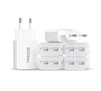 SCHITEC Cargador USB, Pack de 6 Unidades con 2 Puertos 5V/2.1A Cada una. Adaptador de Viaje portátil para iPhone 12, 11, 8, para Samsung Galaxy, Huawei, Xiaomi y más. Color Blanco.