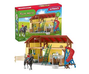 Schleich Farm World | Establo 42485 | Set con establo, 2 Caballos, 5 Animales más, 2 granjeros, tobogán, balancín & Accesorios | Idea Regalo niños | Juguete Granja Desde 3 años | 82 Piezas