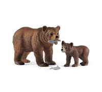 Schleich- Set de Figuras Grizzly con su cría, Colección Wild Life, 1 Osa + 1 Osezno + 2 Peces (42473)