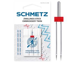 SCHMETZ | Gemela Bordar | 3.0/75 | 1 Aguja para máquina de coser | 130/705 H-E ZWI 3.0 | para todas las máquinas de coser domésticas convencionales con función de zigzag