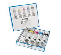 Schmincke - Akademie® 76776097 - Juego de 5 tubos de 60 ml de colores básicos + negro + blanco, 76776097, pintura acrílica Fine Artist, brillante, altamente resistente a la luz y sin cadmio