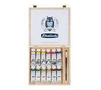 Schmincke - AKADEMIE® Acrílicos, 12 tubos de 60 ml, 76 014 097, 12 tonos brillantes y muy resistentes a la luz en caja de madera, 1 pincel da Vinci, acrílicos finos para artistas, sin cadmio