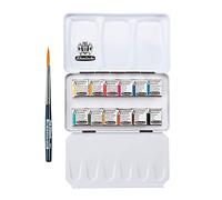 Schmincke - AKADEMIE® Caja de Pinturas para Acuarelas, Surtido Básico de 12 x 1/2 Godets + 1 Pincel de Viaje DaVinci