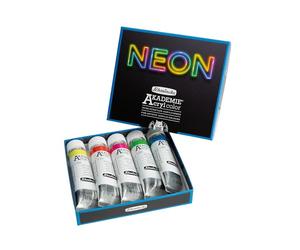 Schmincke Akademie® - Juego de pinturas acrílicas fluorescentes, 76 778 097, 5 pinturas acrílicas brillantes en colores neón, tubos de 60 ml en caja de cartón