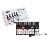 Schmincke - AQUA DROP, acuarela líquida, 5 x 30 ml colores transparentes + LINER con punta de pincel, 78 105 097, Set para pintar con acuarela, caligrafía, handlettering, aerografía