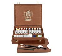 Schmincke - MUSSINI® pinturas al óleo- resina más finas. Caja de madera premium para pintura al óleo, juego de 10 x 35 ml, 70 213 097, teñido de nogal, accesorios: blanco 150 ml, carboncillo de dibujo, 2 pinceles daVinci, etc.
