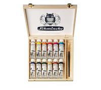 Schmincke - Óleo AKADEMIE®, 12 tubos de 60 ml, 79 112 097, estuche de madera + pincel daVinci (tamaño 10), colores al óleo para artistas, tonos brillantes, pintura al óleo, juego de colores al óleo