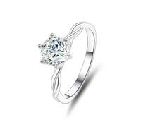 Schmuck Ringe Damen, Verlobungsring Frau Verdrehter, Schmaler Solitärring mit 6 Krappen und Rundem Moissanit 1 Ct Silber Platin Größe 61 (19.4)