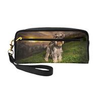 Schnauzer Atardecer Perros Mascotas Montañas Schnauzer, Bolsa de Maquillaje Bolsa de cosméticos Bolsa de Aseo de Viaje portátil Estuche de Cuero para Mujeres y niñas