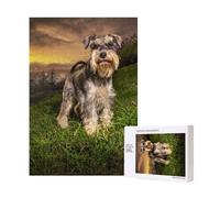 Schnauzer Atardecer Perros Mascotas Montañas Schnauzer,Rompecabezas de Madera de 300 Piezas para Adultos y Adolescentes.