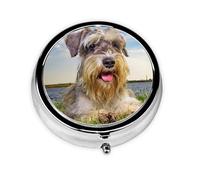 Schnauzer Césped Mascotas Perros Grises Chnauzer, Pastillero, Pastillero redondo Pequeño contenedor de pastillas Organizador de pastillas de viaje