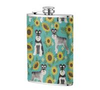 Schnauzer Girasoles Primavera Verano Floral Perro Raza Perro,Frasco de acero inoxidable 304 de 8 oz con funda de cuero sintético, frasco de bolsillo para licor plano para exteriores