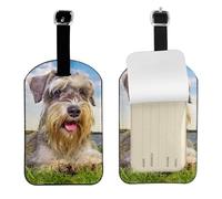 Schnauzer Mascotas de césped Perros grises Chnauzer,Etiquetas de equipaje de cuero sintético con nombre, etiquetas de viaje duraderas, 2 unidades