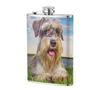 Schnauzer Mascotas de césped Perros grises Chnauzer,Frasco de acero inoxidable 304 de 8 oz con funda de cuero sintético, frasco de bolsillo para licor plano para exteriores