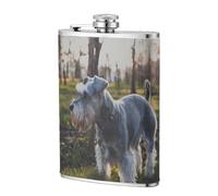 Schnauzer miniatura, mascotas de césped, perros grises,Frasco de acero inoxidable 304 de 8 oz con funda de cuero sintético, frasco de bolsillo para licor plano para exteriores