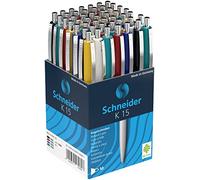 Schneider 3080, K-15 Pack de 50 bolígrafos de caligrafía, colores Surtidos | Color de escritura: azul, indeleble, grosor de trazo M, clip de metal y pulsador de metal, rellenable, fabricado en Alemania