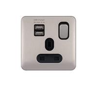 Schneider Electric Lisse - Enchufe de corriente conmutado, 13A, solo polo, con 2 puertos de carga USB, 2.1A compartido, GGBL30102USBABSSS, acero inoxidable con inserto negro