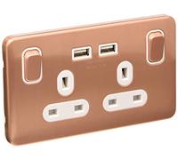 Schneider Electric Lisse - Enchufe de corriente doble conmutado con puertos de carga USB, solo polo, 13A, GGBL30202USBAWLCS, cobre claro con inserto blanco