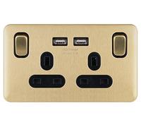 Schneider Electric Lisse - Enchufe doble conmutado, con puerto de carga USB, 13A, GGBL30202USBABSBS, latón satinado con inserto negro