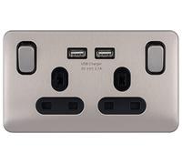 Schneider Electric Lisse GGBL30202USBABSS GGBL30202USBABSS - Toma de corriente doble conmutada, un polo con puertos de carga USB, 13 A, acero inoxidable con inserto negro