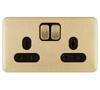 Schneider Electric Lisse GGBL3020DBSB - Enchufe doble interruptor sin tornillos, doble polo, 13A, GGBL3020DBSB, latón satinado con inserto negro