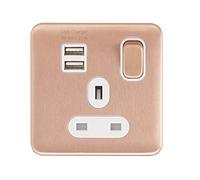 Schneider Electric Lisse Screwless Deco - Toma de corriente conmutada, 13A, solo polo, con 2 puertos de carga USB, 2.1A compartido, GGBL30102USBAWLCS, cobre claro con inserto blanco