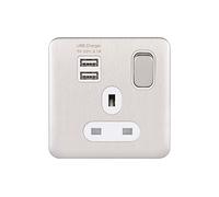 Schneider Electric Lisse Screwless Deco - Toma de corriente conmutada, 13A, solo polo, con 2 puertos de carga USB, 2.1A compartido, GGBL30102USBAWSSS, acero inoxidable con inserto blanco